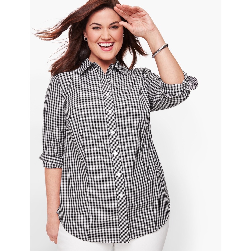 Talbots Perfect Shirt Non Iron Gingham Button Up‎ Shirt 20W Black White Cotton